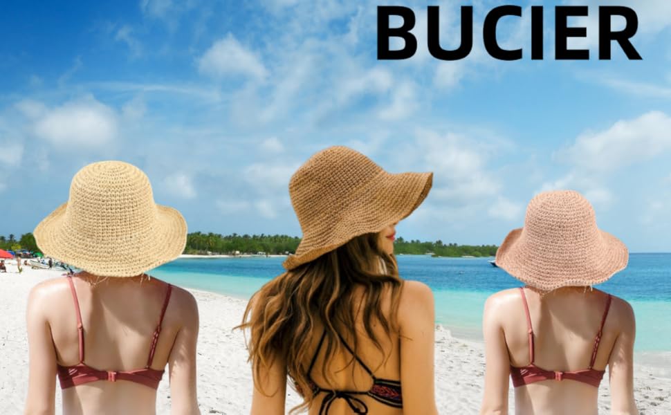Womens Floppy Straw Sun Hat Foldable Roll up Wide Brim Beach Caps for Women, Crochet Bucket Hat 