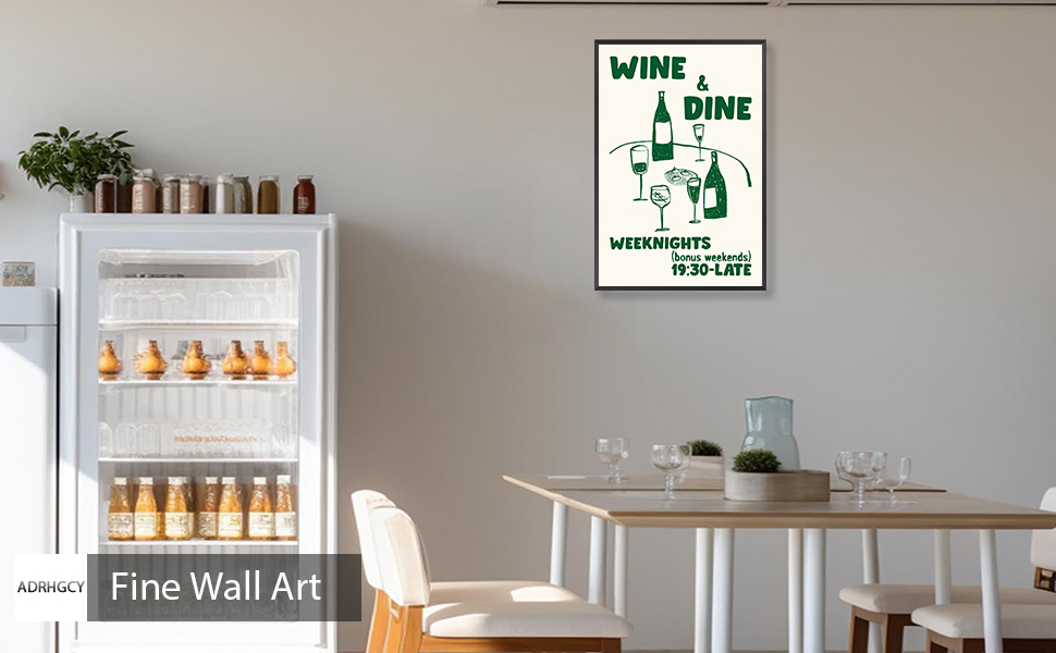 Retro Wine & Dine Club Food Posters Green Wine Glass Wall Art