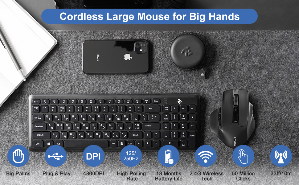 Wireless Mouse for Big Hands 5Level 4800 DPI Adjustable Ergonomic