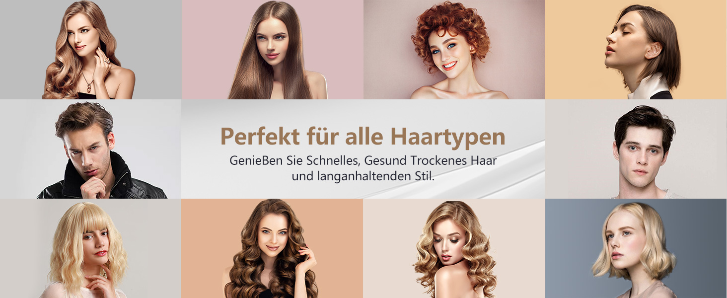 Produktwerbung für Haarstyling mit verschiedenen Frisuren von glatt bis lockig auf mehreren Panels mit deutschem Text zur Eignung für alle Haartypen