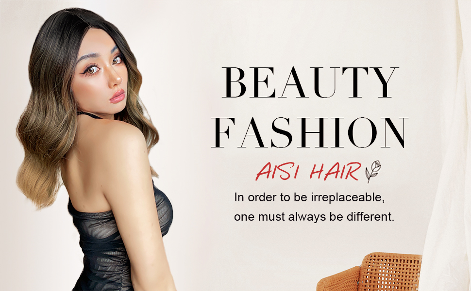 AISI HAIR Short Wavy Brown Wig for Women Synthetic Ombre Brown Bob Wavy Wigs