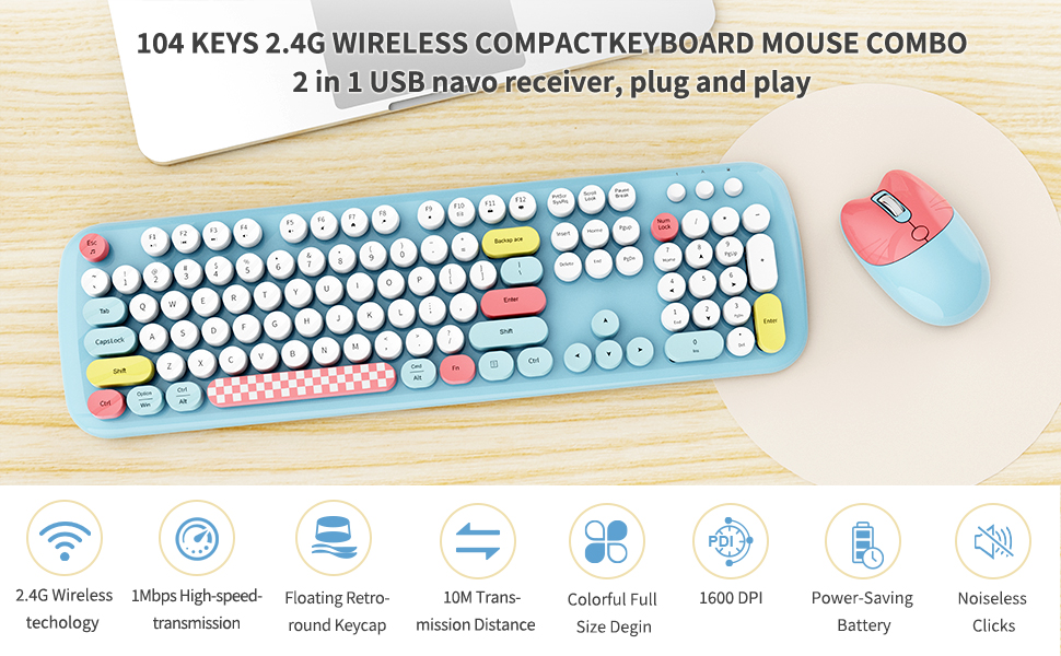 Wireless Keyboard Mouse, COOFUN 104 Keys Full Size Keyboard Retro