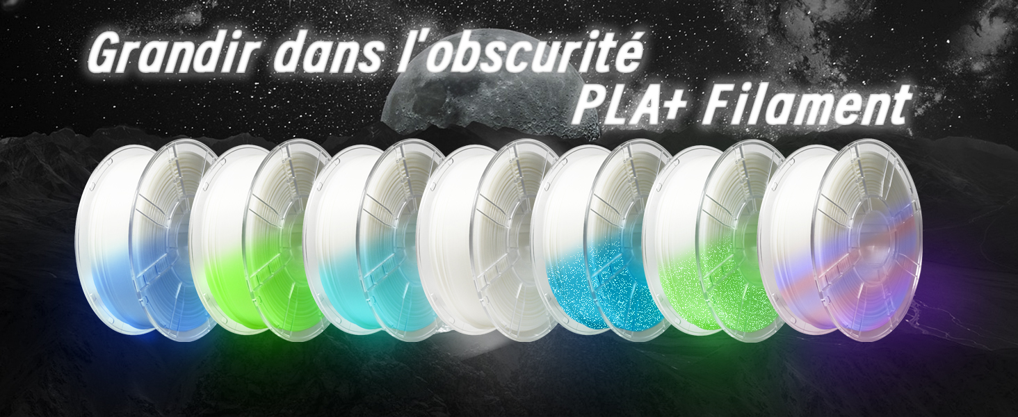 Rangée d'objets ovales qui brillent dans le noir de différentes couleurs. Le texte ci-dessus indique « Grandir dans l'obscurité PLA+ Filament », ce qui suggère un filament d'impression 3D qui brille