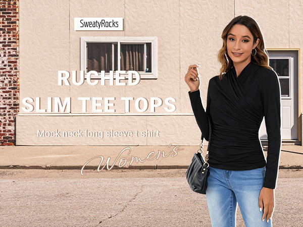 SweatyRocks Women's Ruched Mock Neck Long Sleeve T Shirt