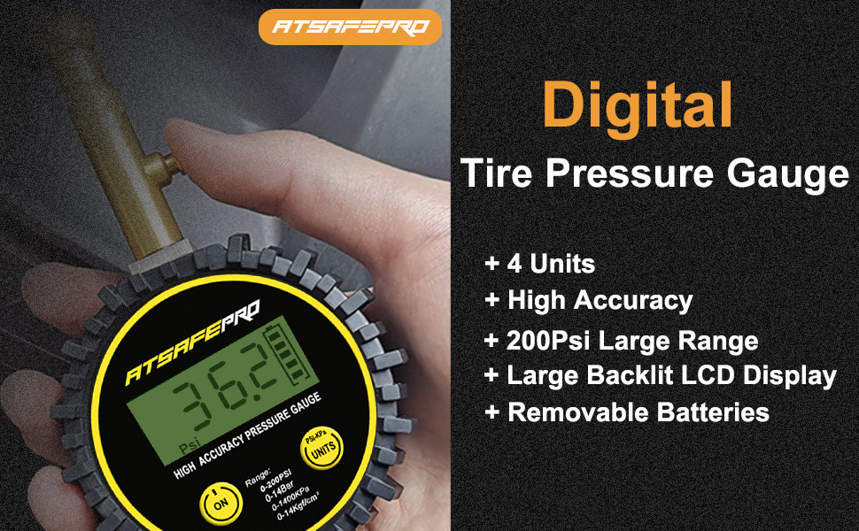 ATsafepro Digital Tyre Pressure Gauge UK,Tyre Gauge 200 PSI for Car