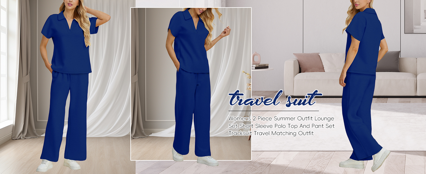 Womens 2 Piece Summer Outfit Lounge Set Short Sleeve Polo Top And Pant Set Tracksuit Travel Outfit