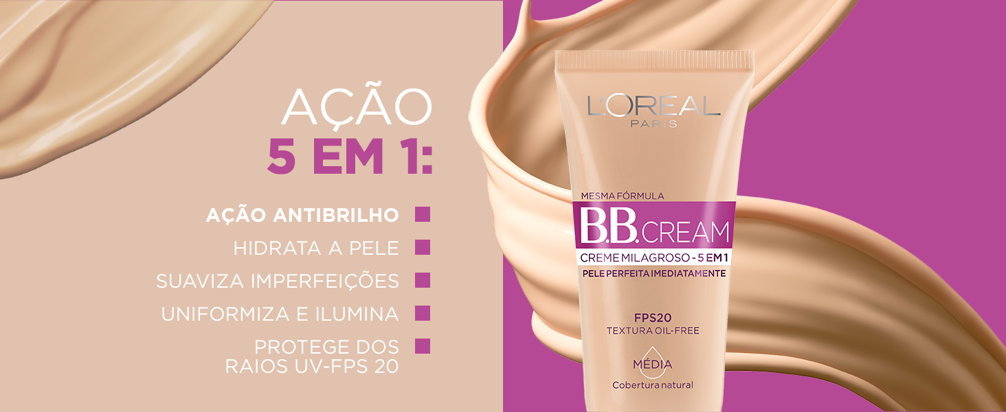 BB Cream Creme Milagroso e frase "Ação 5 em 1" com seus benefícios em destaque - vide descrição