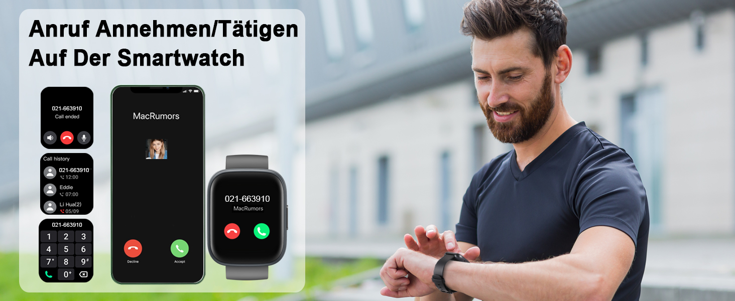 Demonstration der Smartwatch-Funktionalität mit Screenshots der Benutzeroberfläche und einer Person, die das Gerät im Freien verwendet. Zeigt die Anruffunktionen und die Benutzerinteraktion mit dem Touchscreen der Uhr