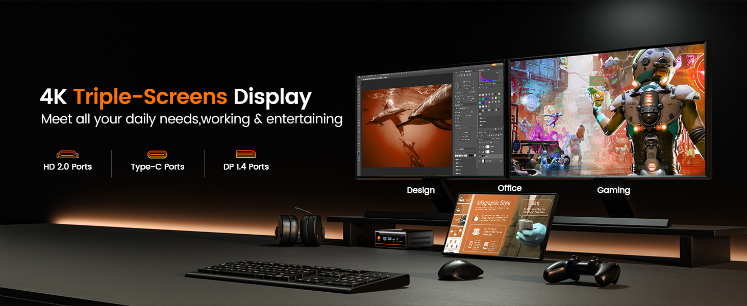 Triple pantalla 4K/60 Hz: HDMI 2.0 + DP 1.4 + Type-C