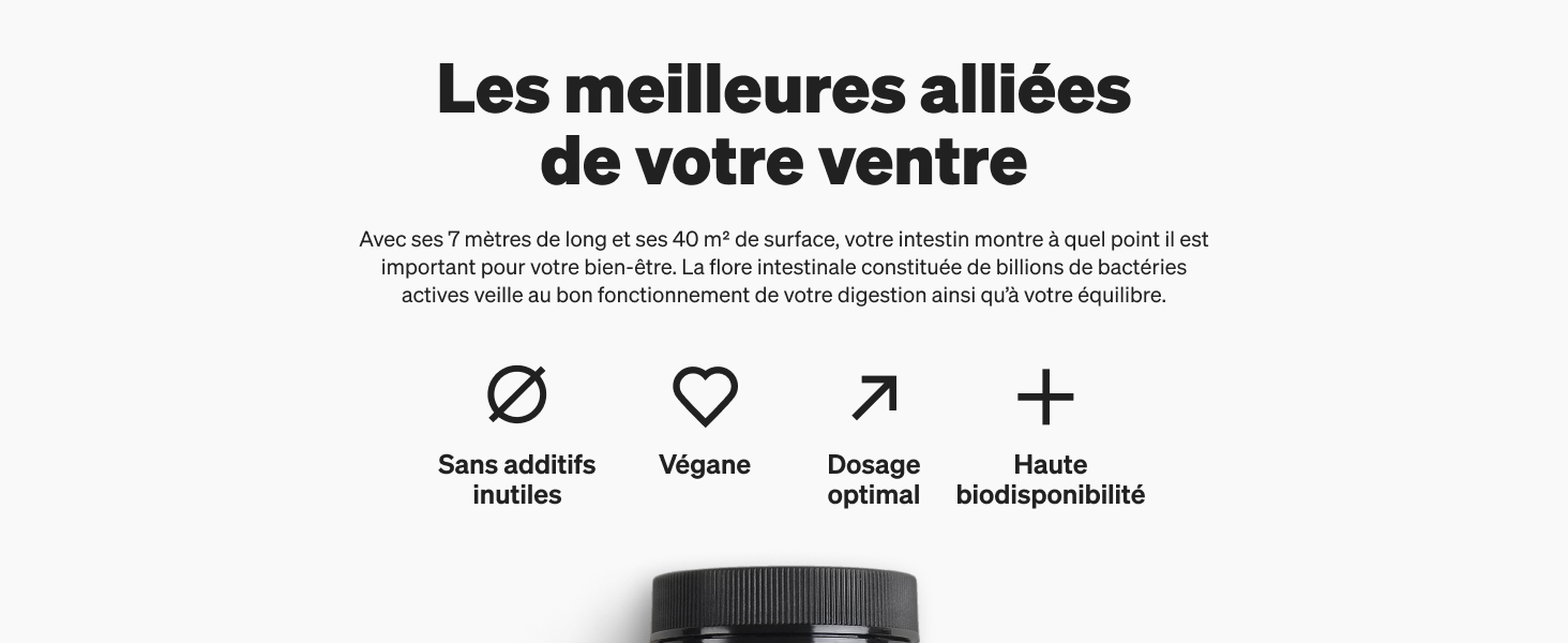Flacon de supplément noir avec des icônes affichant les caractéristiques du produit : sans allergène, végétalien, dosage optimal et biodisponibilité élevée