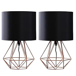 MiniSun Pair of Modern Copper Metal Basket Cage Style Table Lamps with a Black Fabric Shade