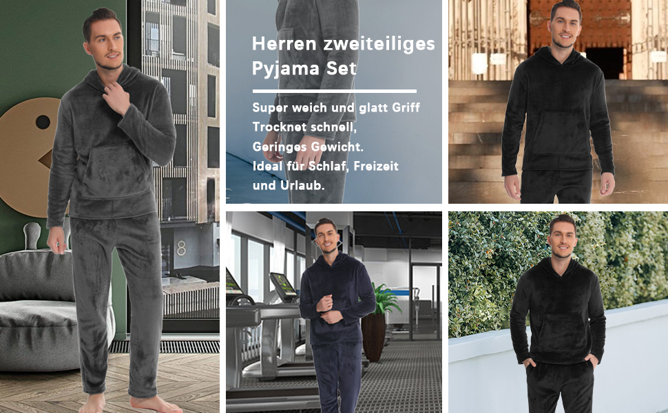 Herren-Schlafanzug, Flanell, Hausanzug, Winter-Pyjama-Set, langer zweiteiliger Schlafanzug mit Kapuze
