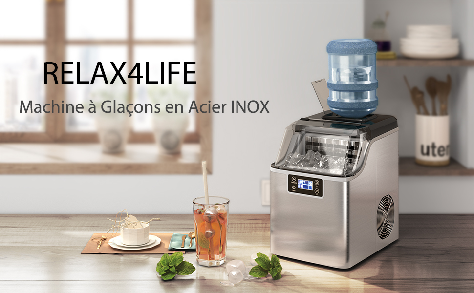 RELAX4LIFE Machine à Glaçons En Acier Inoxydable Avec Réservoir 3,2 L, 18 KG/24 H, Glaçons Par 15-20 Min, Machine à Glace Avec Écran LCD Et Auto-Nettoyage, Stockage De Glace Pour Maison, Café 12 1
