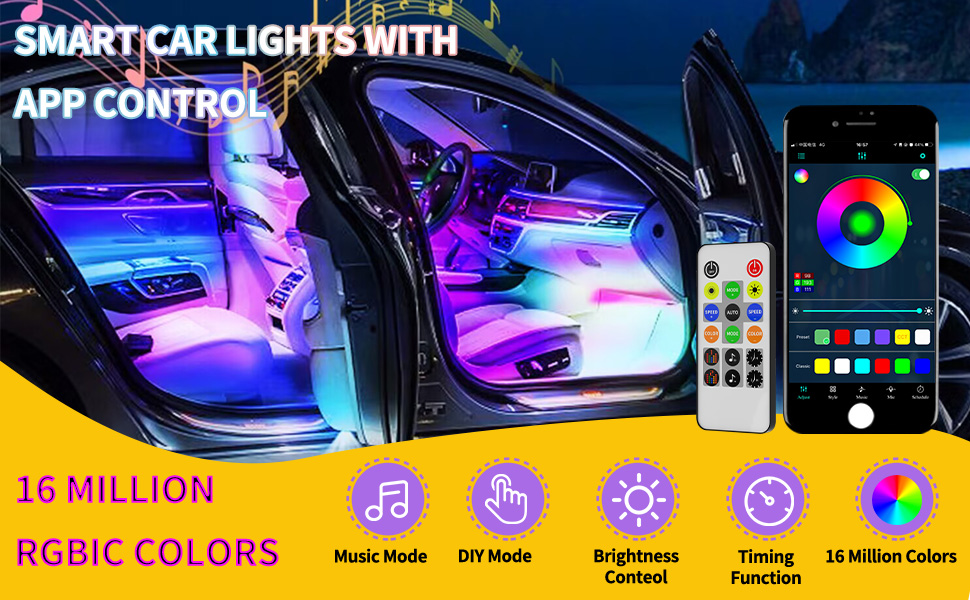 YM EBrightt RGB LED Strip Lights for Car App Control with