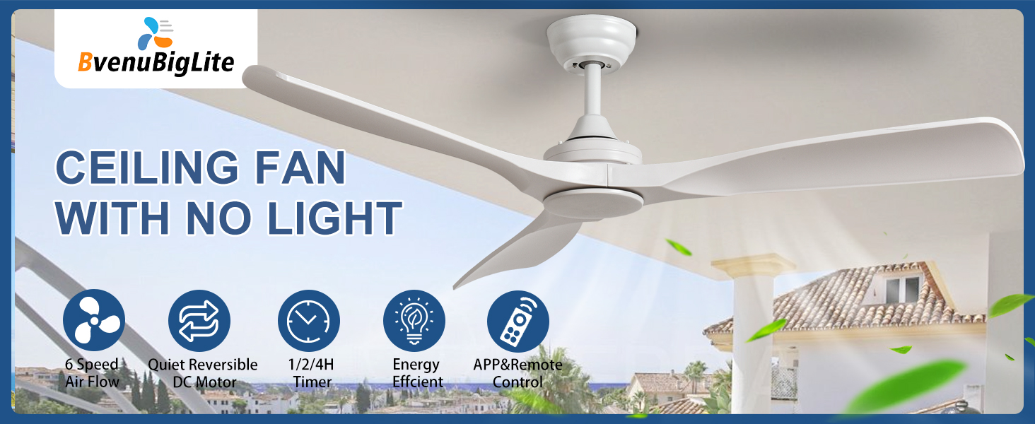 BvenuBigLite Ceiling Fan No Light Modern 52 Inch Outdoor
