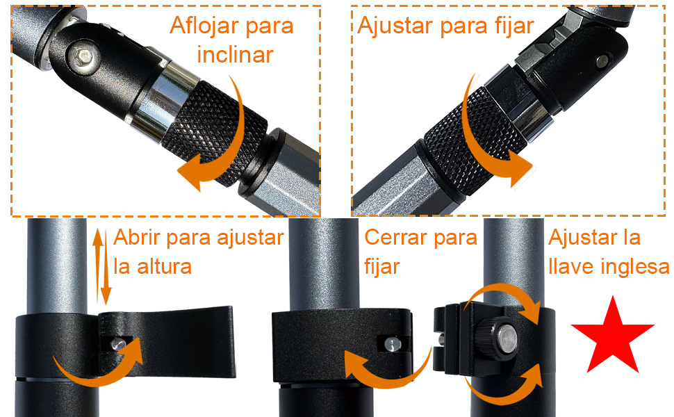 Diagramma di istruzioni che mostra le fasi di regolazione per una staffa o giunto di montaggio nero con accento arancione, con angoli multipli e un indicatore a stella rossa