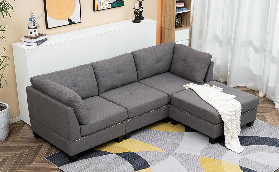 Esright 88.6” Convertible Sectional Sofa Couch with Ottoman, Modern Tufted Fabric L