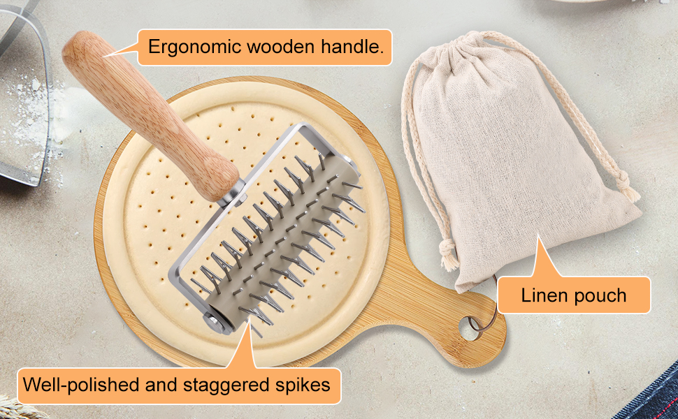 JuyVerq Pizza Dough Docker Roller Wood Handle Stainless Steel