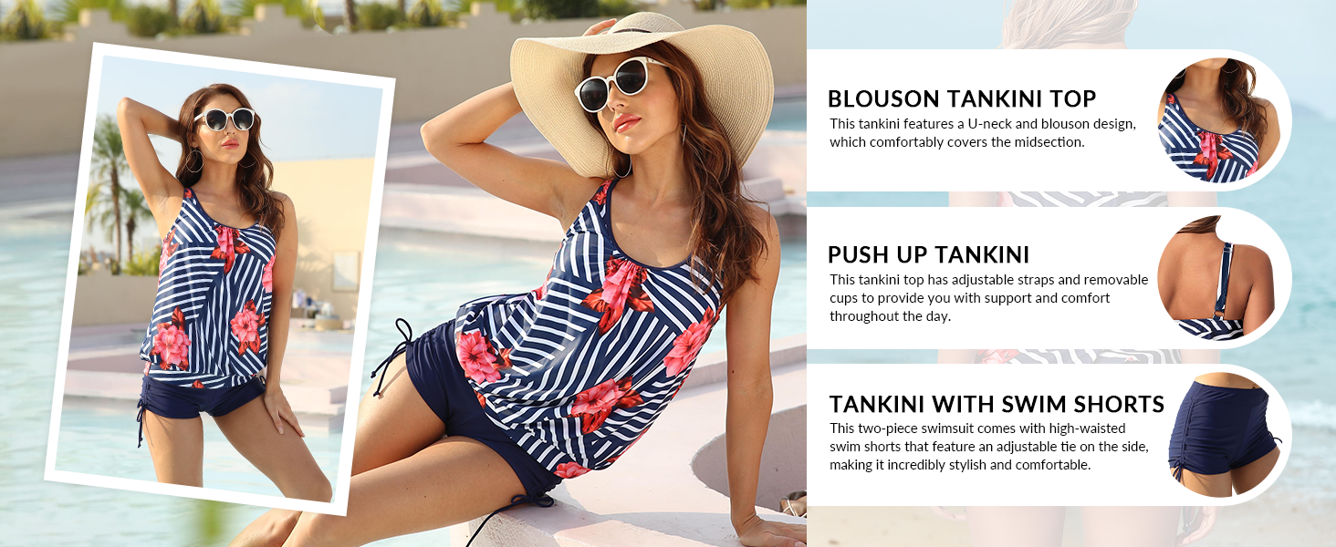 blouson tankini two piece tummy control swimsuit bathing suit with shorts
