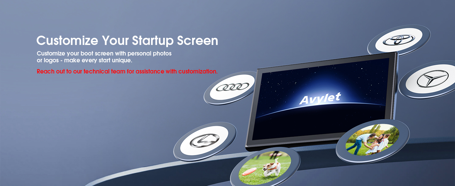 Laptop screen displaying 'Avnet' with circular icons surrounding it, demonstrating customizable startup screen options. Text above explains 'Customize Your Startup Screen'.