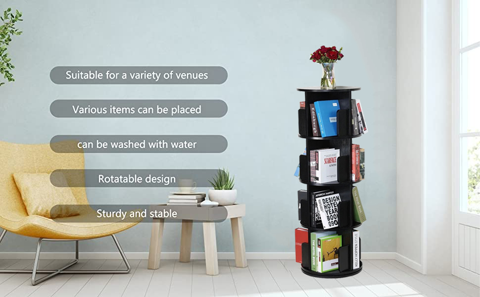MRTEOTOPS Rotating Bookshelf, 4 Tier 360° Bookcase