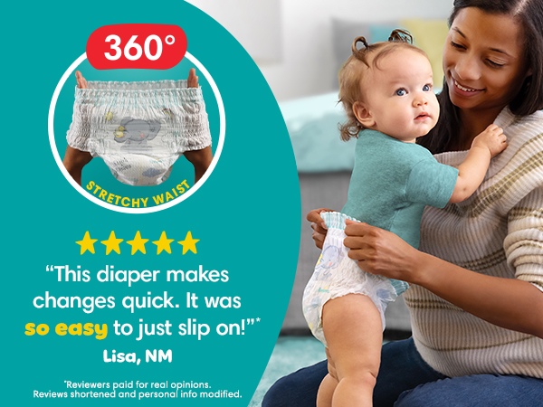 Mom holding baby wearing diaper. So easy to slip on.