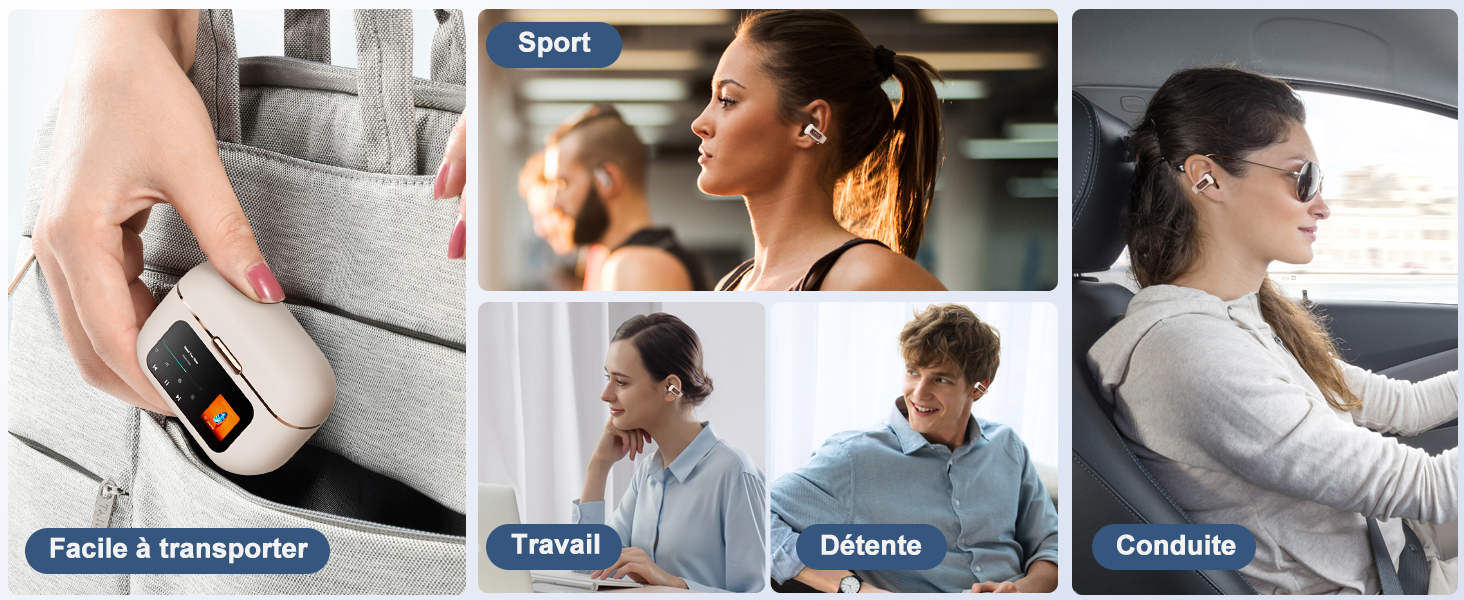Collage de personnes utilisant des écouteurs et des appareils dans différents environnements, montrant différents scénarios d'écoute et interactions entre appareils.