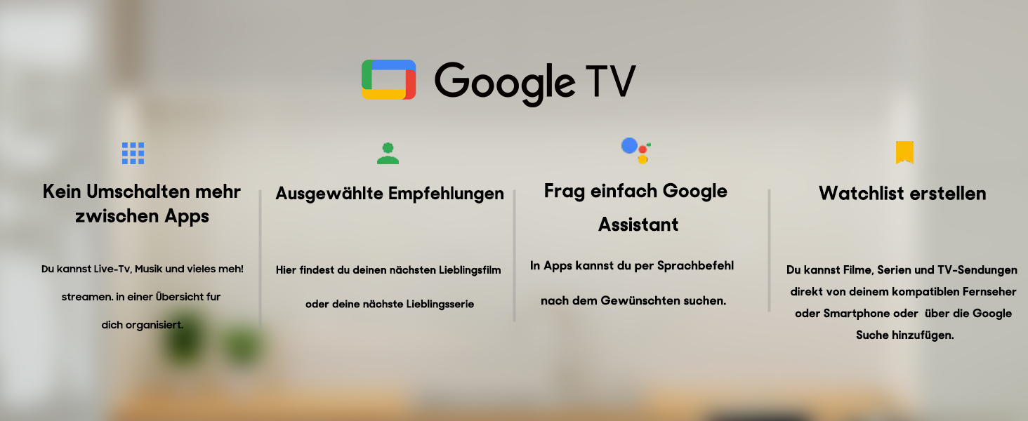 Screenshot der Google TV-Oberfläche. Zeigt Optionen im Hauptmenü an: Zwischen Apps wechseln, kuratierte Empfehlungen, Google Assistant aufrufen und Beobachtungsliste erstellen