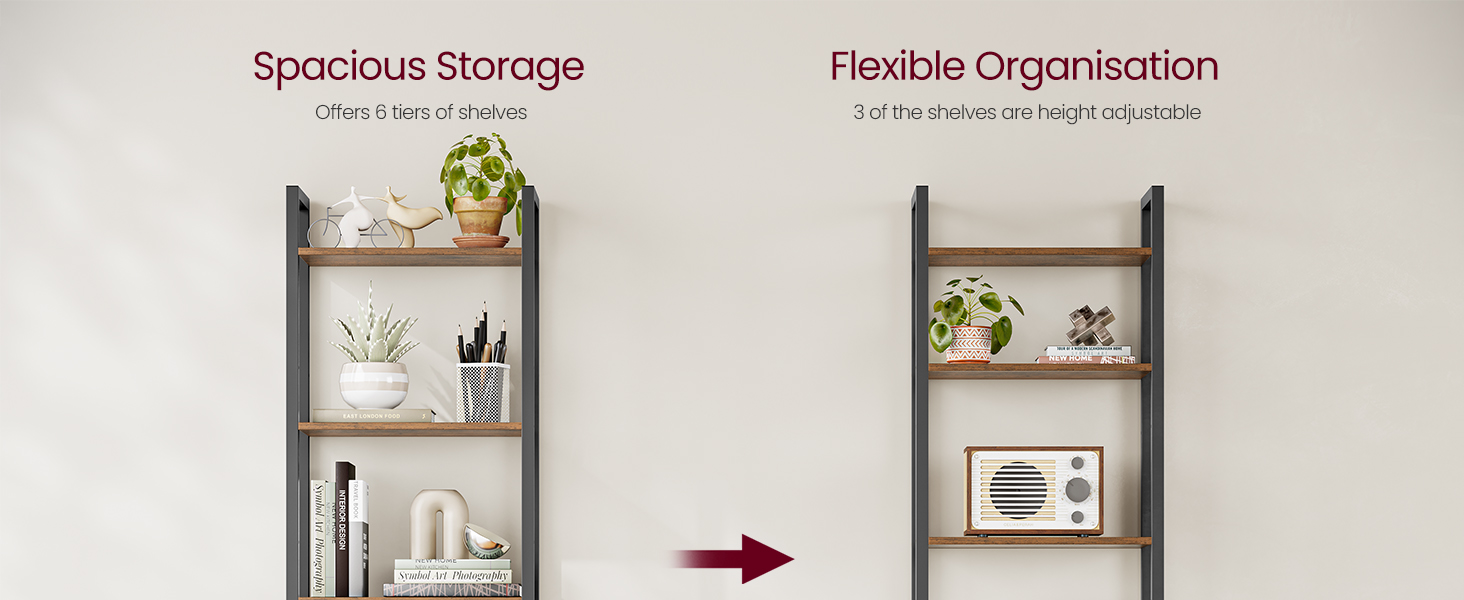 Before and after comparison of a wall-mounted ladder shelf showing flexible organization options for home decor and storage.