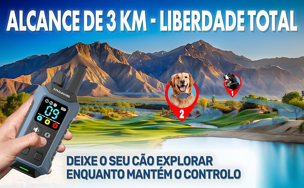 Advertisement for a remote pet training device showing a 3km range control against a mountainous landscape backdrop, with a portable digital display unit.