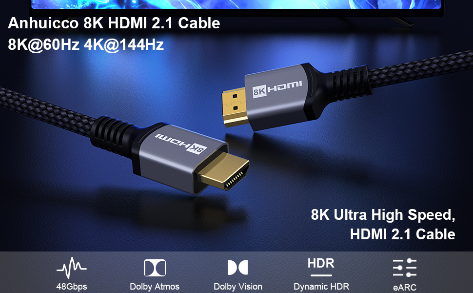 HDMI Cable 8K 50cm 48Gbps Cable 2.1 HDMI Certified 8K 60Hz 4K 120Hz 144Hz 7680p 3D Dolby eARC