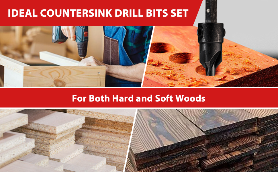 EZARC Wood Countersink Drill Bit Set, 4, 6, 8, 10, 12 Tapered Drill