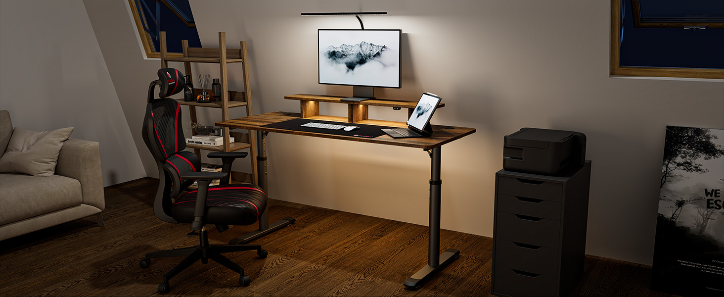 EUREKA ERGONOMIC Computer Desk w Monitor Stand & LED Strip,152×66cm