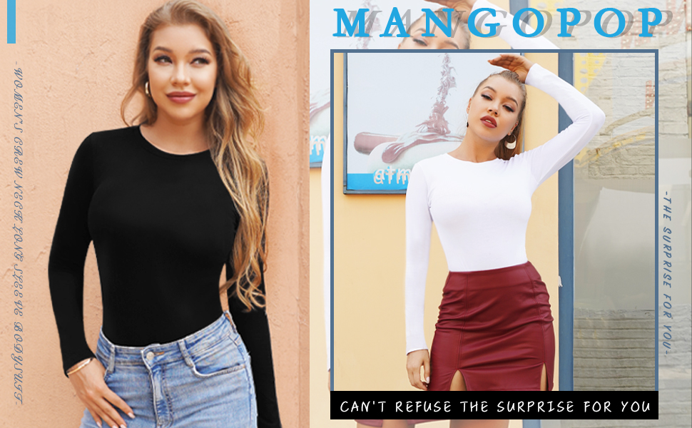 MANGOPOP Women's Crew Neck Short Sleeve Long Sleeve T Shirts Bodysuit Jumpsuit