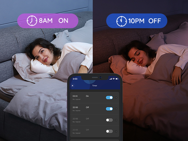 Smart lighting system demonstration showing bedroom scenes at 8AM (bright) and 10PM (dark), with smartphone app interface for light control.