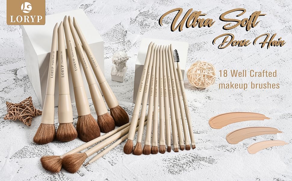 LORYP Labeled Makeup Brushes Set Khaki 18 Piece Face & Eye