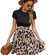 SweatyRocks Women's Graphic Short Sleeve Belted Mini Dress A Line Flared Skater Dresses
