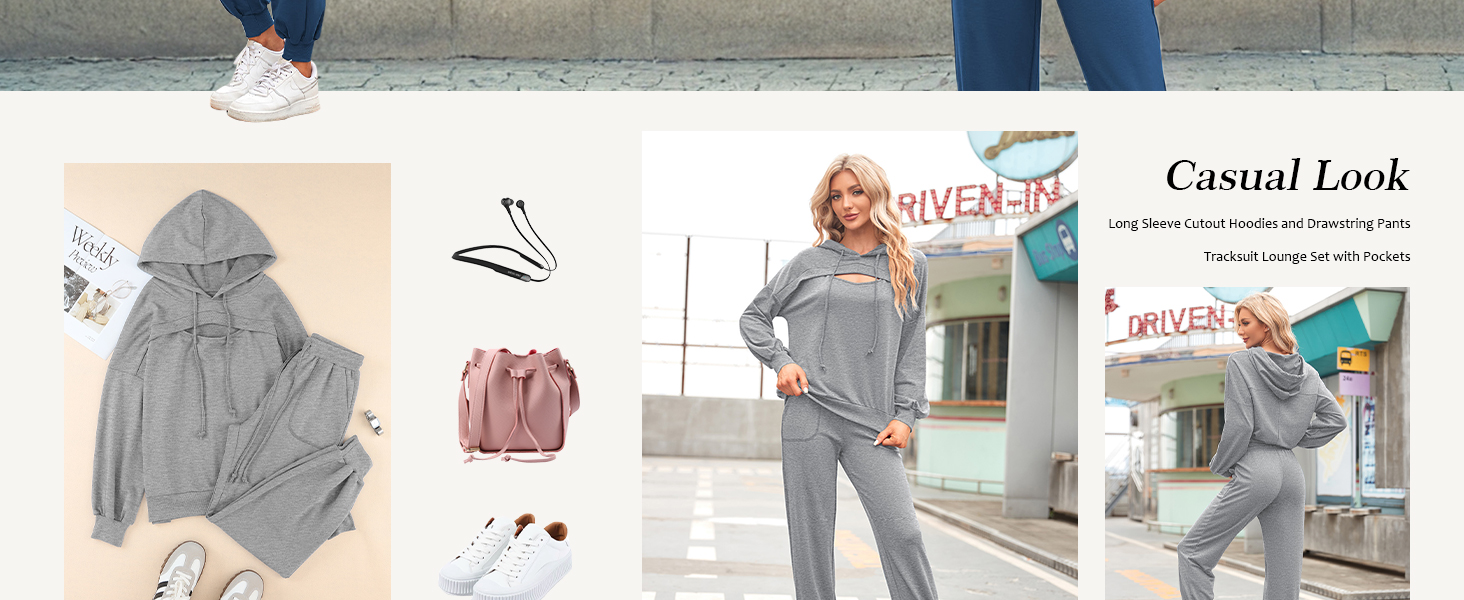 PINK QUEEN womens long sleeve relaxed fit hollow out sweatshirt, high waist jogger pants sets