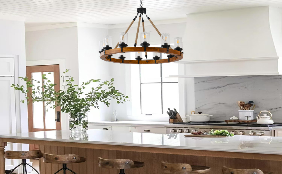 12 Light Wooden Wagon Wheel Chandelier