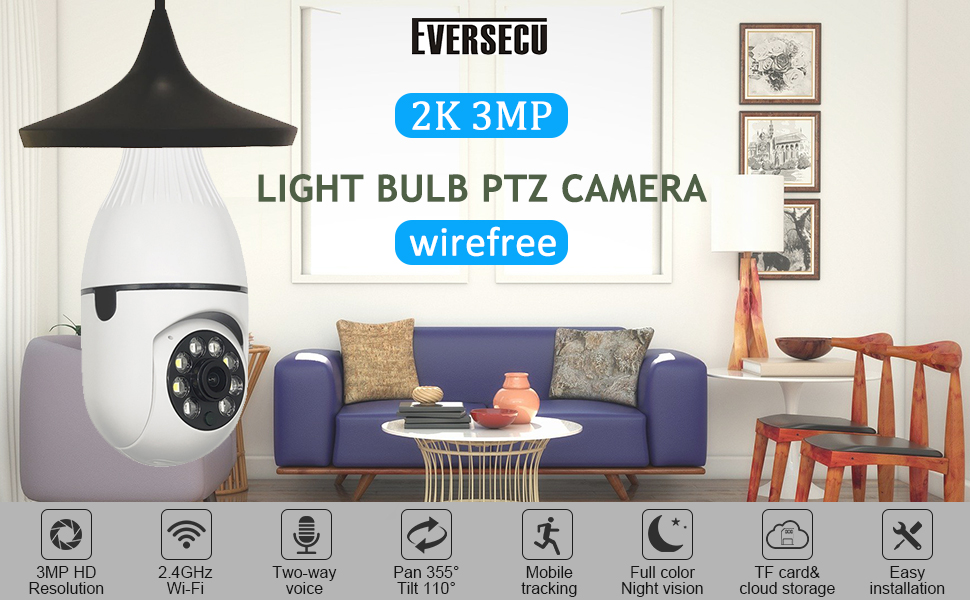 EVERSECU HD 2K 3.0MP Wireless PTZ Security Camera with E27