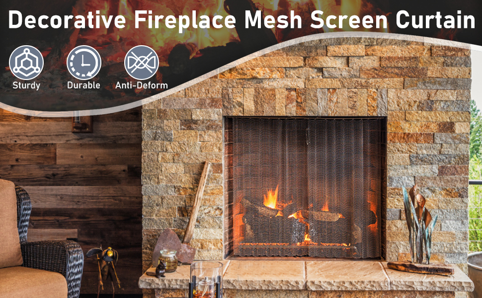 Flamorrow Fireplace Mesh Screen Curtain, Fireplace Hanging Mesh Curtain Screens to