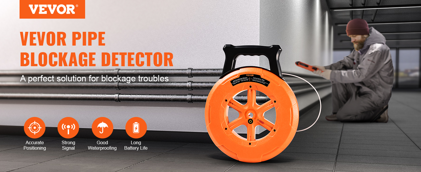 VEVOR Pipe Locators, 100ft/30m PVC Pipe Locators Underground, IP67 Waterproof Pipe Blockage