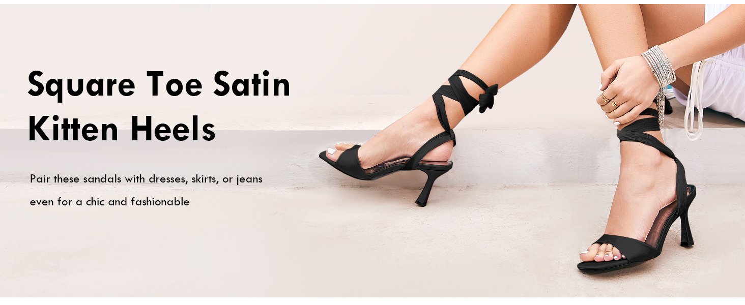 Coutgo Womens Strappy Lace Up High Heels Sandals Square Open Toe Satin Kitten Heels