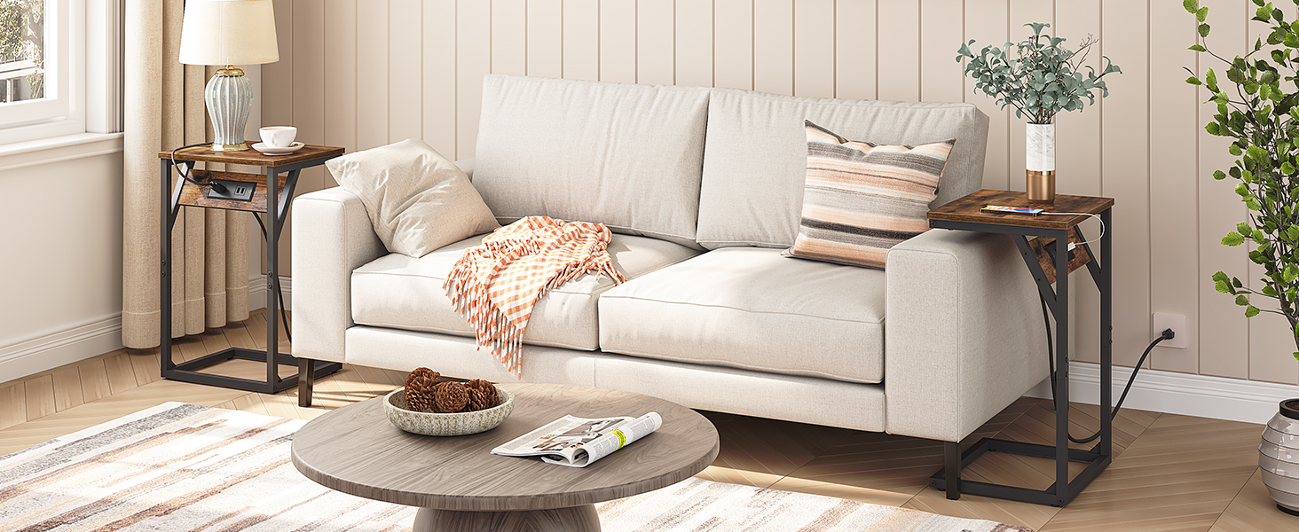 HOOBRO Set of 2 CShaped End Tables with Charging Station, Side Table