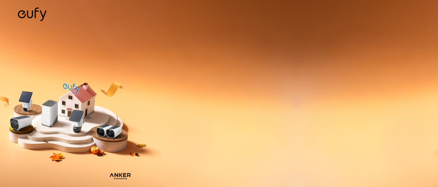 Le texte indique « eufy ». Série d'images de produits montrant un appareil robotique dans un environnement d'éclairage beige/orange.