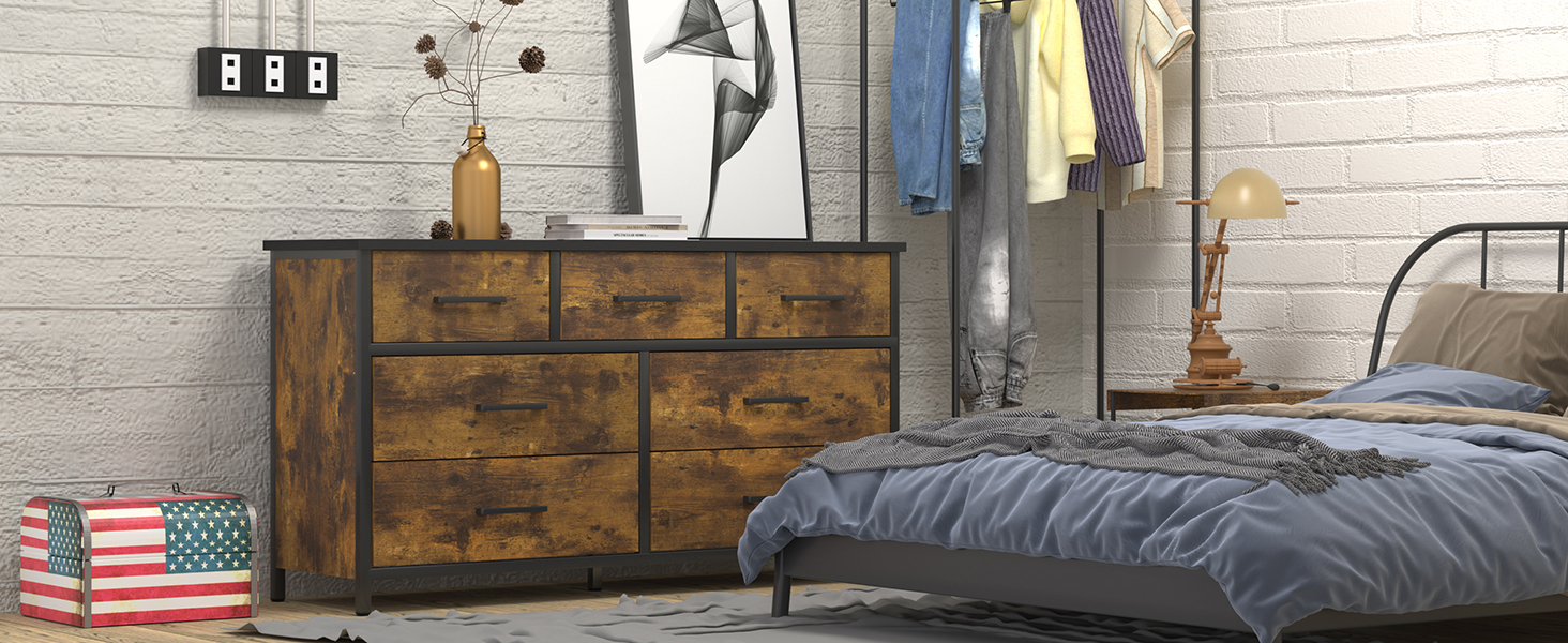IKENO 7 Drawer Dresser, Industrial Wood Storage Dressers