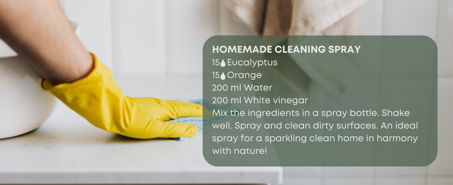 Homemade cleaning spray with eucalyptus, orange essential oil white vinegar and water