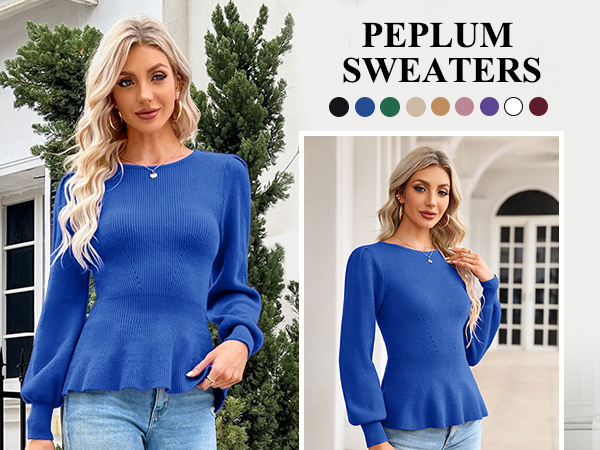 Womens Fall Puff Sleeve Peplum Casual Slim Fit Knit Pullover