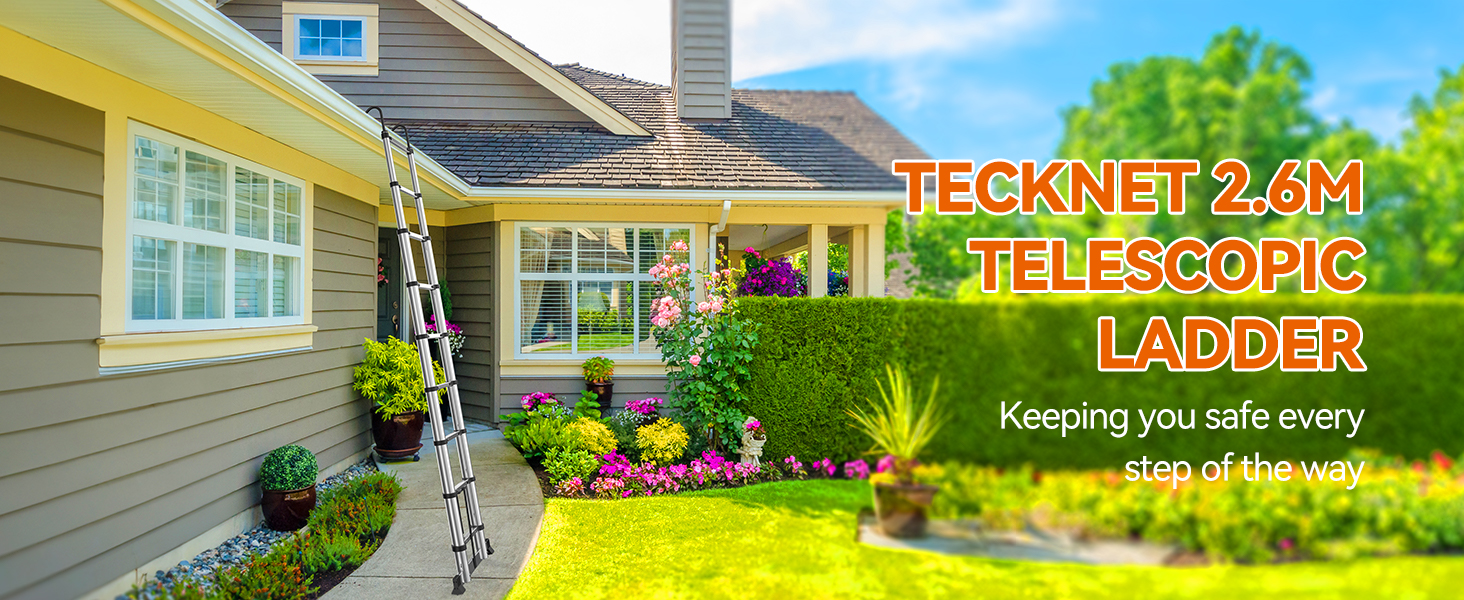 Telescopic ladder leaning against a house with yellow siding. Text overlay reads 'TECKNET 26M TELESCOPIC LADDER' and 'Keeping you safe every step of the way'.