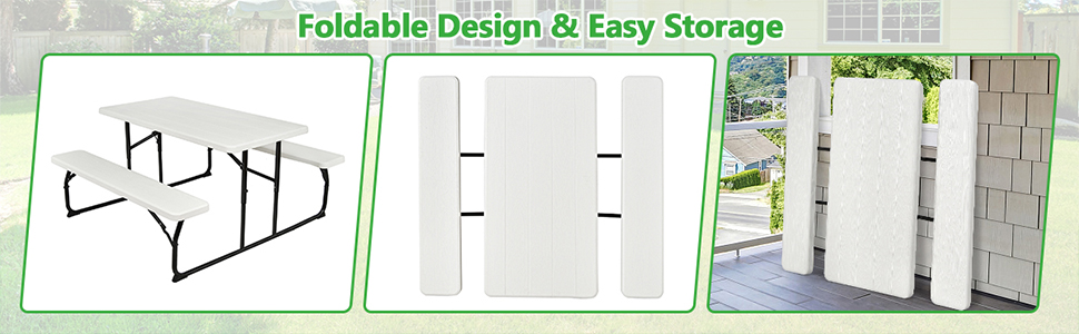 COSTWAY Folding Picnic Table And Bench Set, Portable Camping Trestle Table Chairs With Anti-slip Pads, Outdoor Foldable Dining Table Set Furniture For BBQ, Pub, Garden, Patio And Poolside (White) 15 z